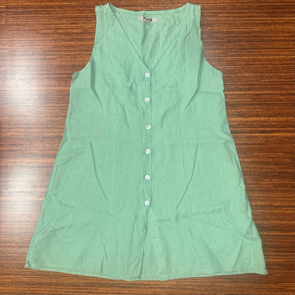Flax 100% Linen Spring Green Sleeveless V-Neck Woven Tunic Mini Dress Small EUC